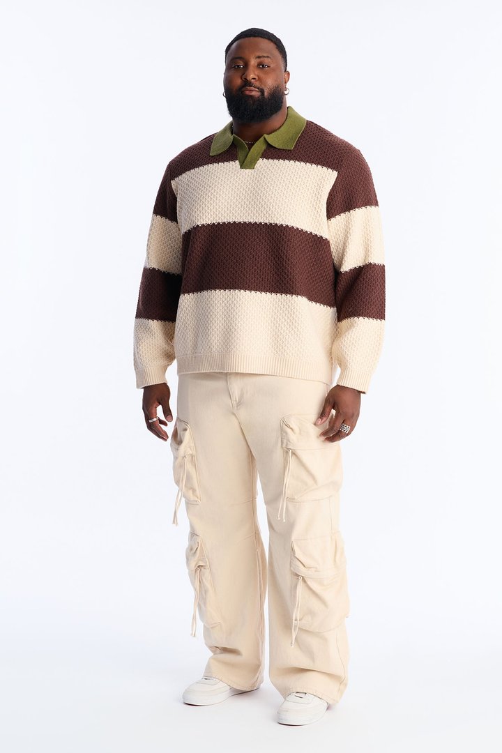 Chunky Striped Polo Sweater - Brown