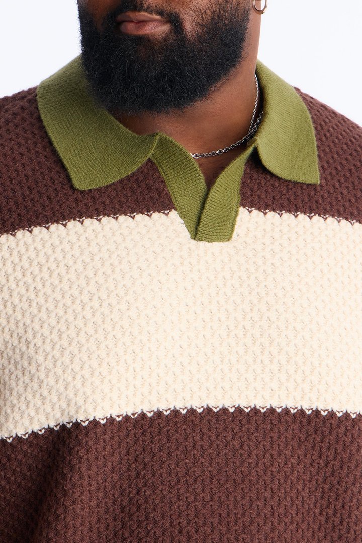 Chunky Striped Polo Sweater - Brown