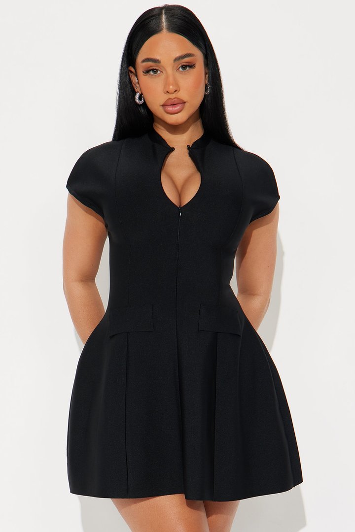 Power Trip Bandage Aline Mini Dress - Black