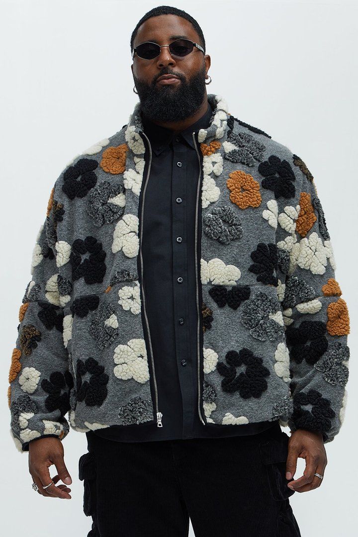 Sherpa Tears Oversized Zip Jacket - Grey/combo
