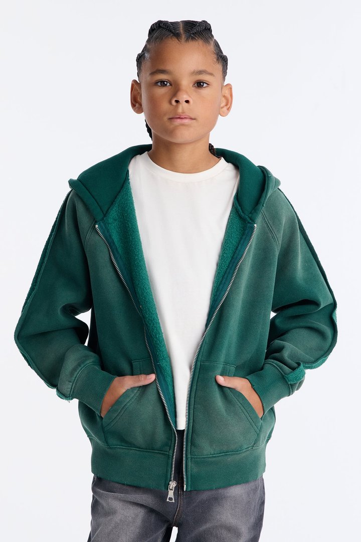 Mini Extra Raw Faded Distressed Zip Up Hoodie - Green