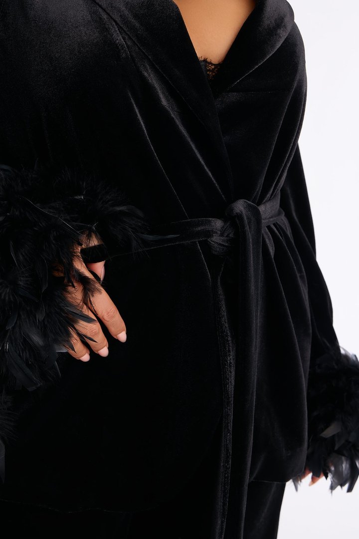 Kris Feathered Velvet Blazer Pant Set - Black