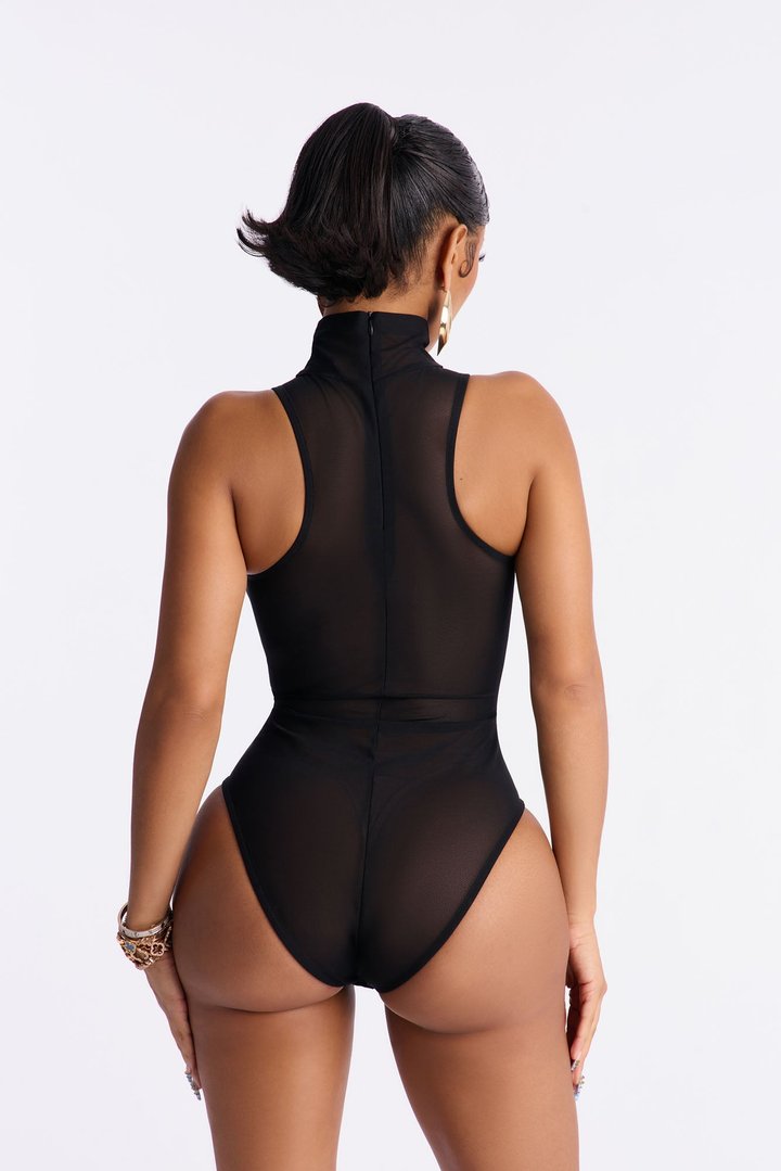 Power Mesh Turtle Neck Sleeveless Bodysuit - Black