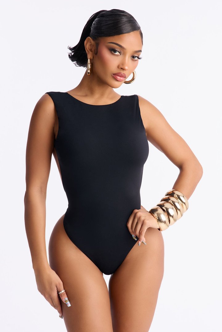 Second Skin Double Lined Backless Bodysuit - Black