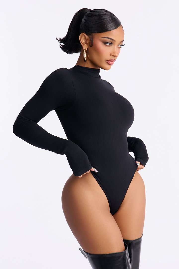 Seamless Smooth Double Lined High Neck Long Sleeve Bodysuit - Black