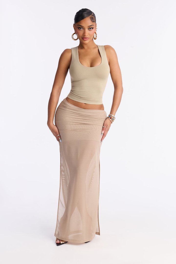 Power Mesh Ruched Maxi Skirt - Olive