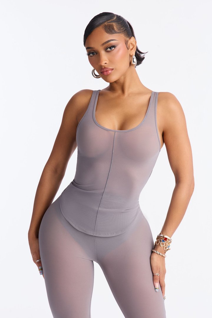 Power Mesh Scoop Neck Tank Top - Dark Grey