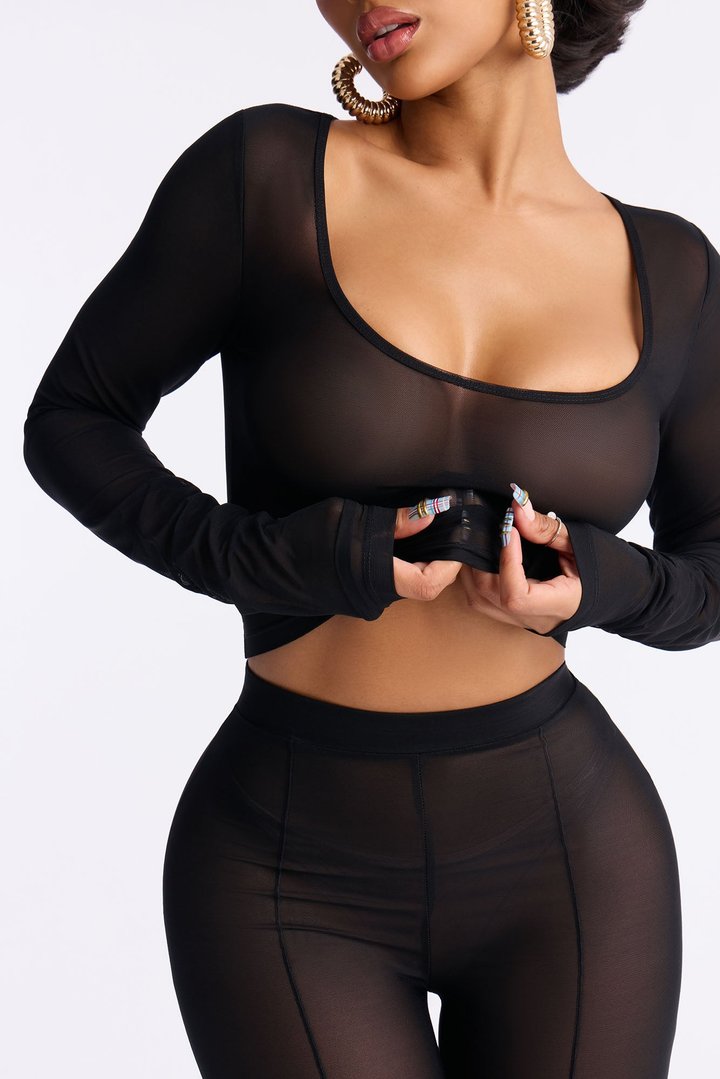 Power Mesh Scoop Long Sleeve Top And Skinny Pant Set - Black
