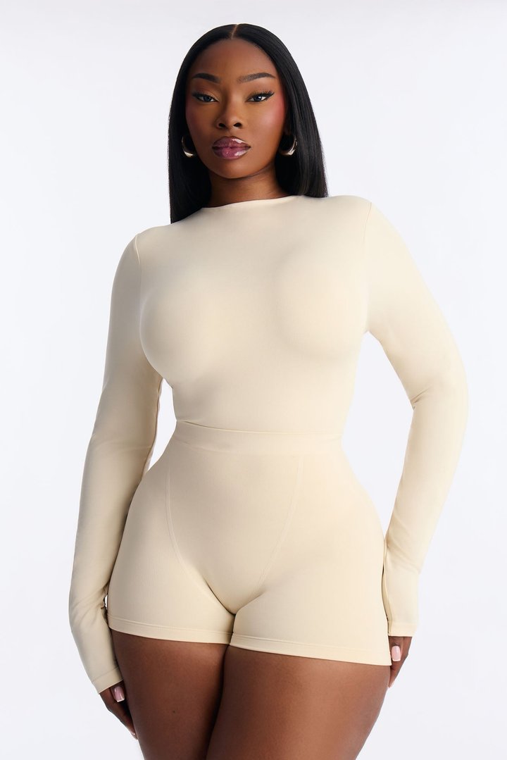 Seamless Smooth Double Lined High Neck Long Sleeve Bodysuit - Bone