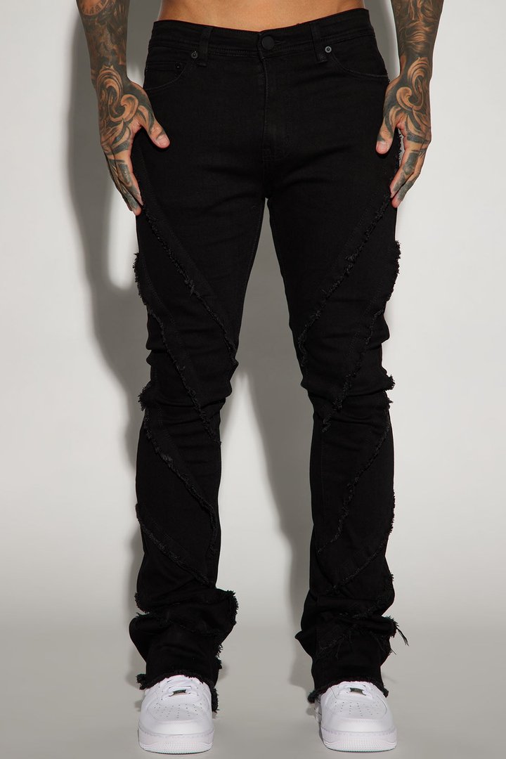 Slanted Fray Stacked Skinny Flare Jeans - Black