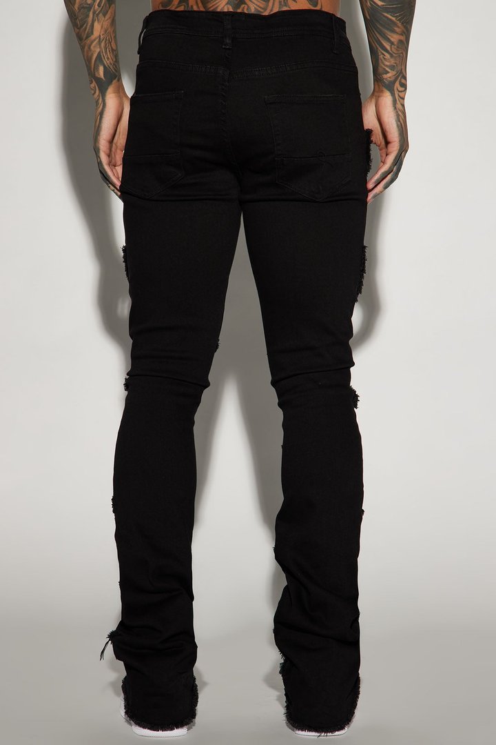 Slanted Fray Stacked Skinny Flare Jeans - Black