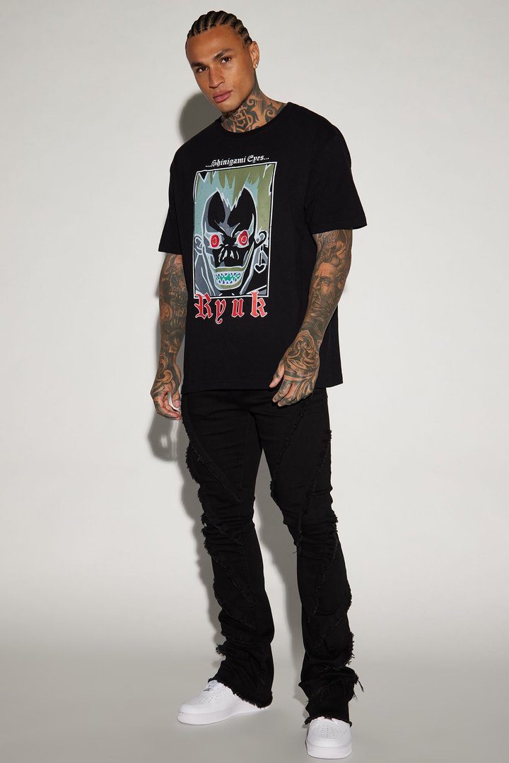 Slanted Fray Stacked Skinny Flare Jeans - Black