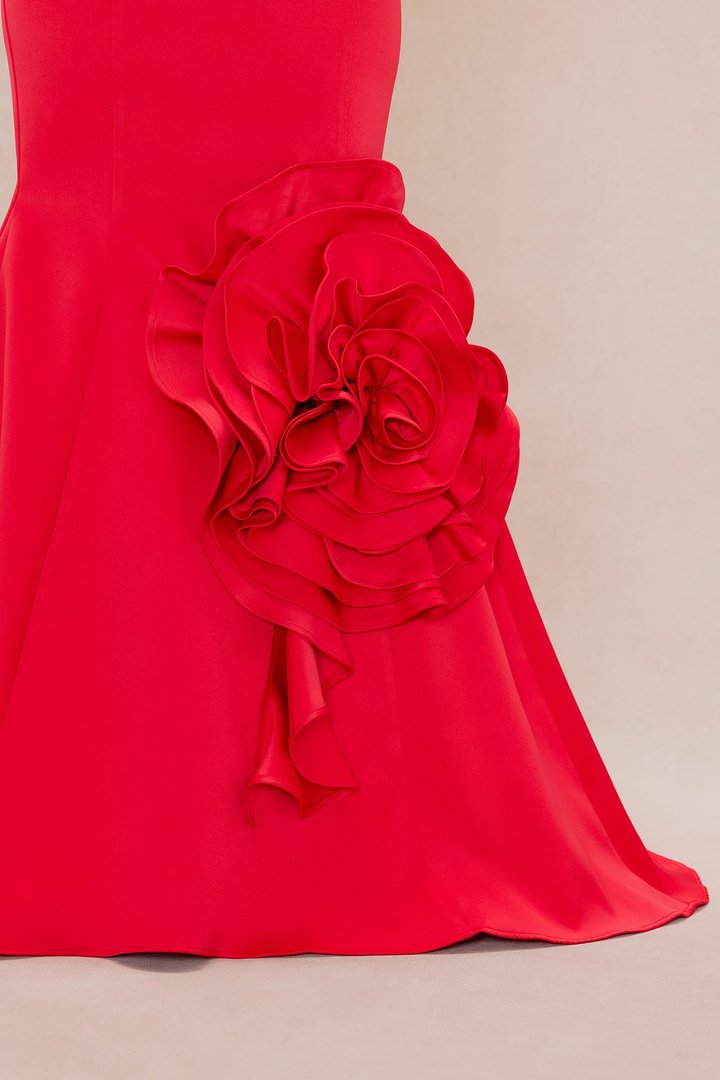 Sofia Floral Applique Satin Gown - Red