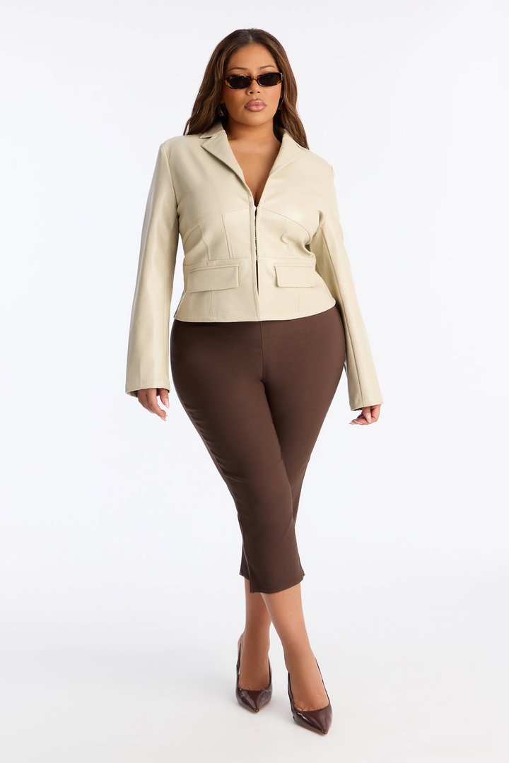 Pretty In Power Fitted Faux Leather Jacket - Stone