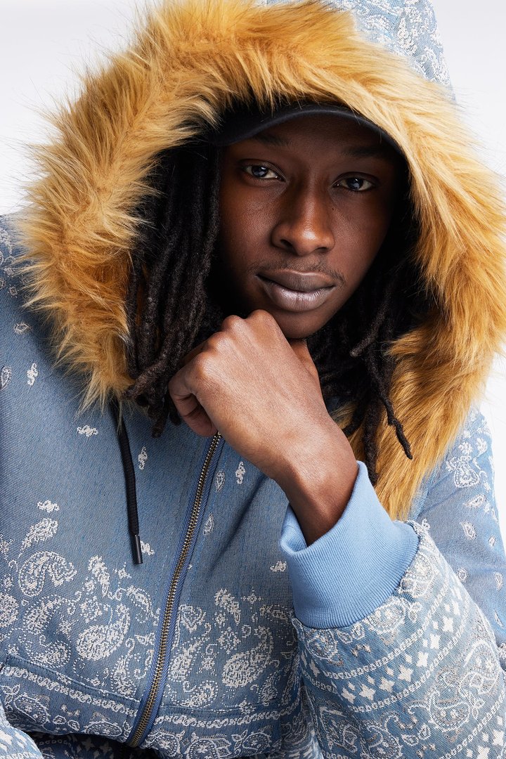 Hooded Padded Paisley Jacquard Parka - Blue