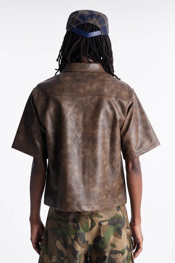 2 Stud Faux Leather Leather Zip Up Shirt - Brown