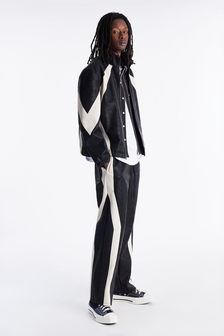 Baggy Faux Leather Maze Paneled Track Pant - Black