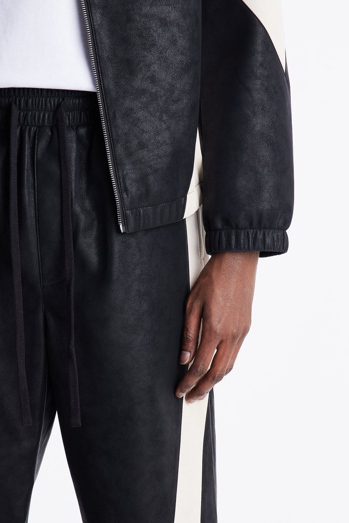 Baggy Faux Leather Maze Paneled Track Pant - Black