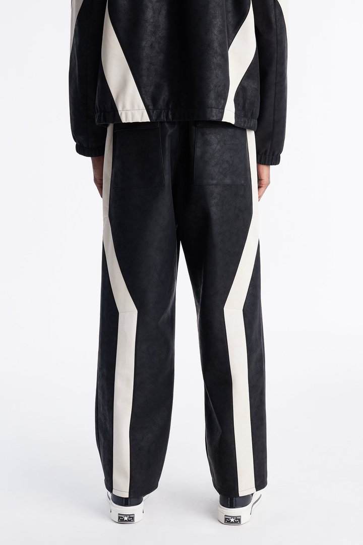 Baggy Faux Leather Maze Paneled Track Pant - Black