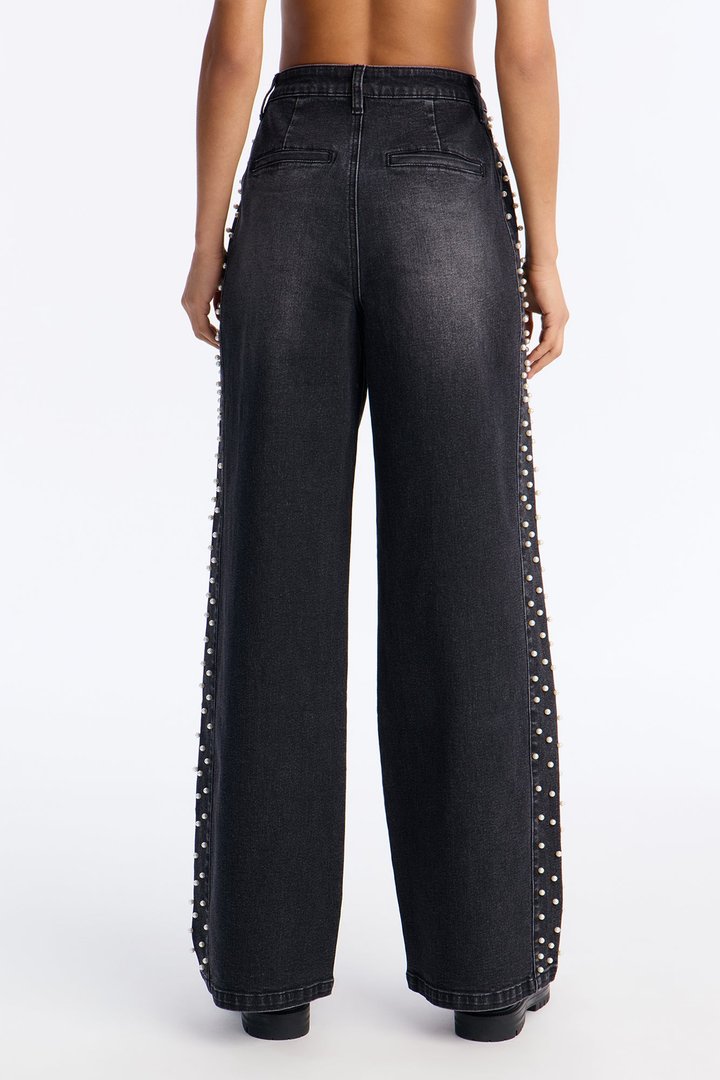 Pearls Of Wisdom Embellished Wide Leg Jeans - Black Wash