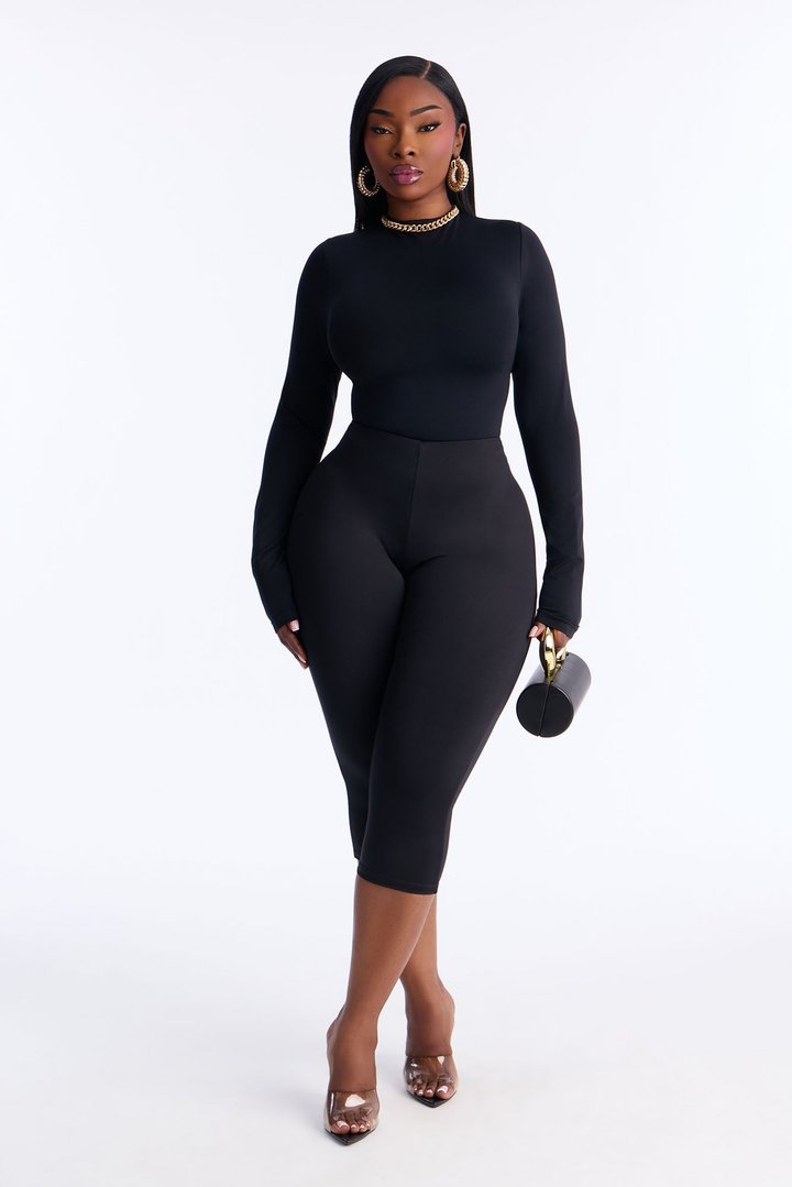 Seamless Smooth Double Lined High Neck Long Sleeve Bodysuit - Black