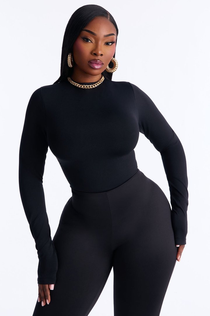 Seamless Smooth Double Lined High Neck Long Sleeve Bodysuit - Black