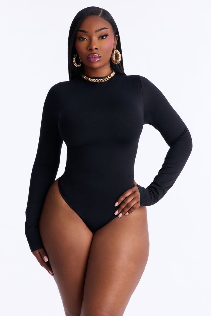 Seamless Smooth Double Lined High Neck Long Sleeve Bodysuit - Black