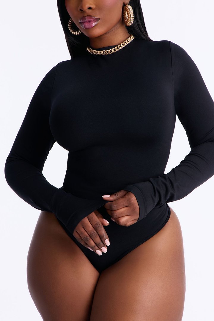 Seamless Smooth Double Lined High Neck Long Sleeve Bodysuit - Black