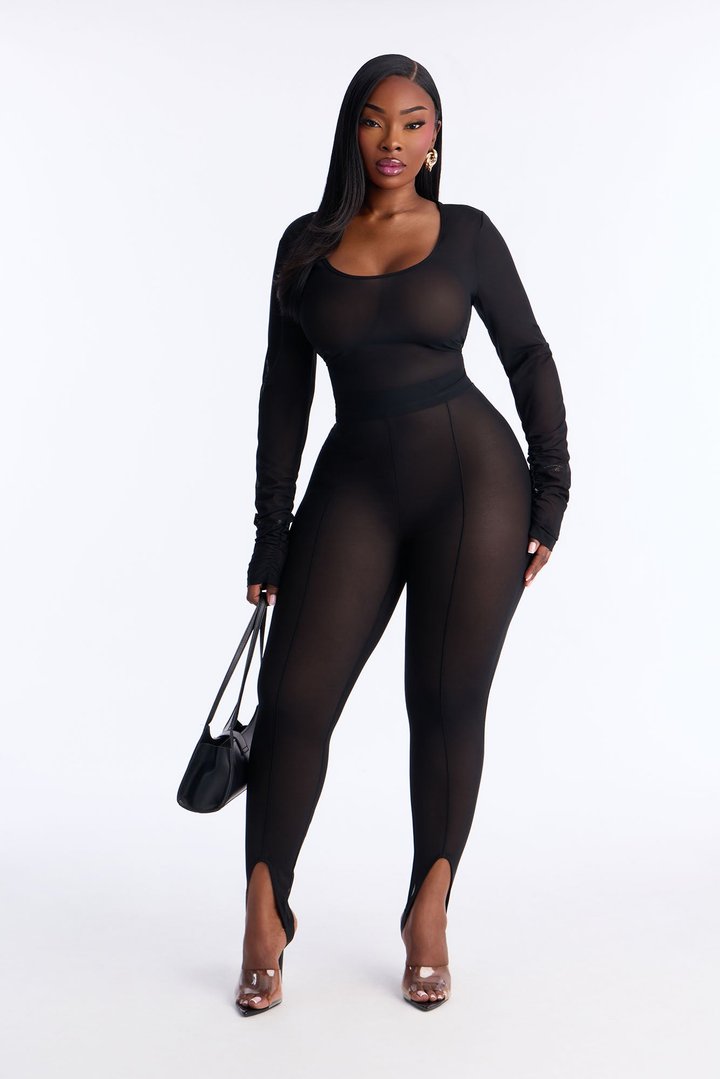 Power Mesh Scoop Long Sleeve Top And Skinny Pant Set - Black