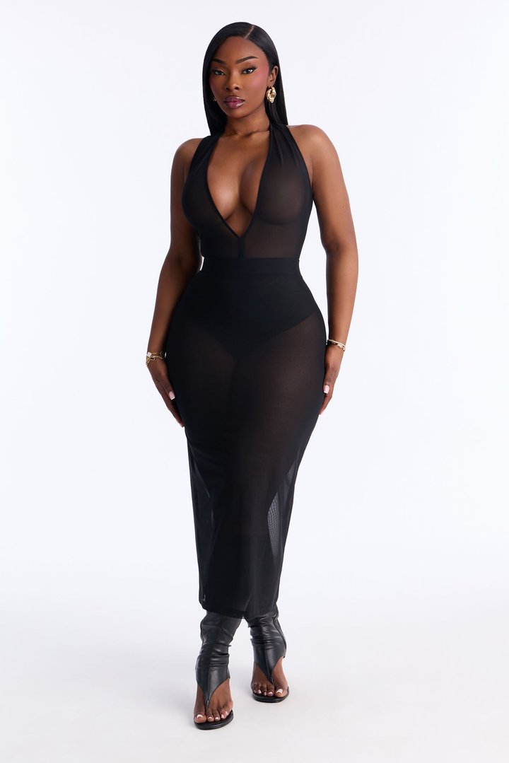 Power Mesh Deep V Neck Sleeveless Bodysuit - Black