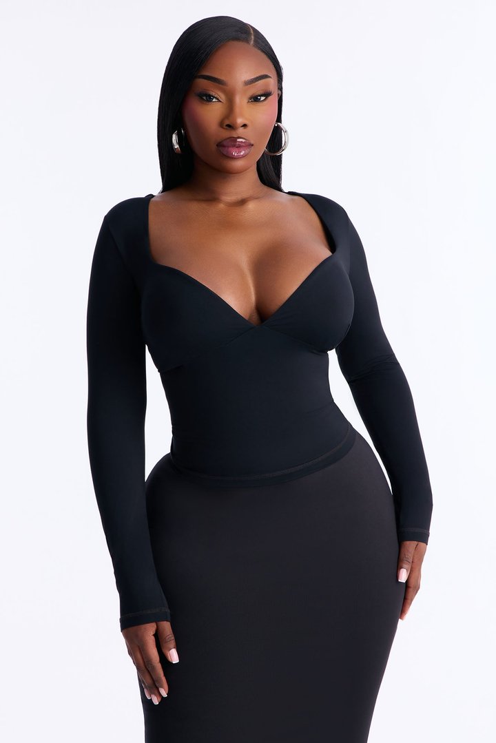 Second Skin Double Lined Bra Pad V Neck Top - Black