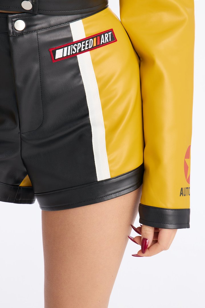 Speed Queen Faux Leather Jacket Short Set - Yellow/combo