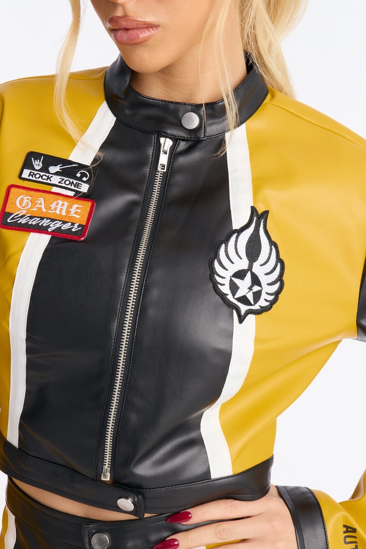 Speed Queen Faux Leather Jacket Short Set - Yellow/combo