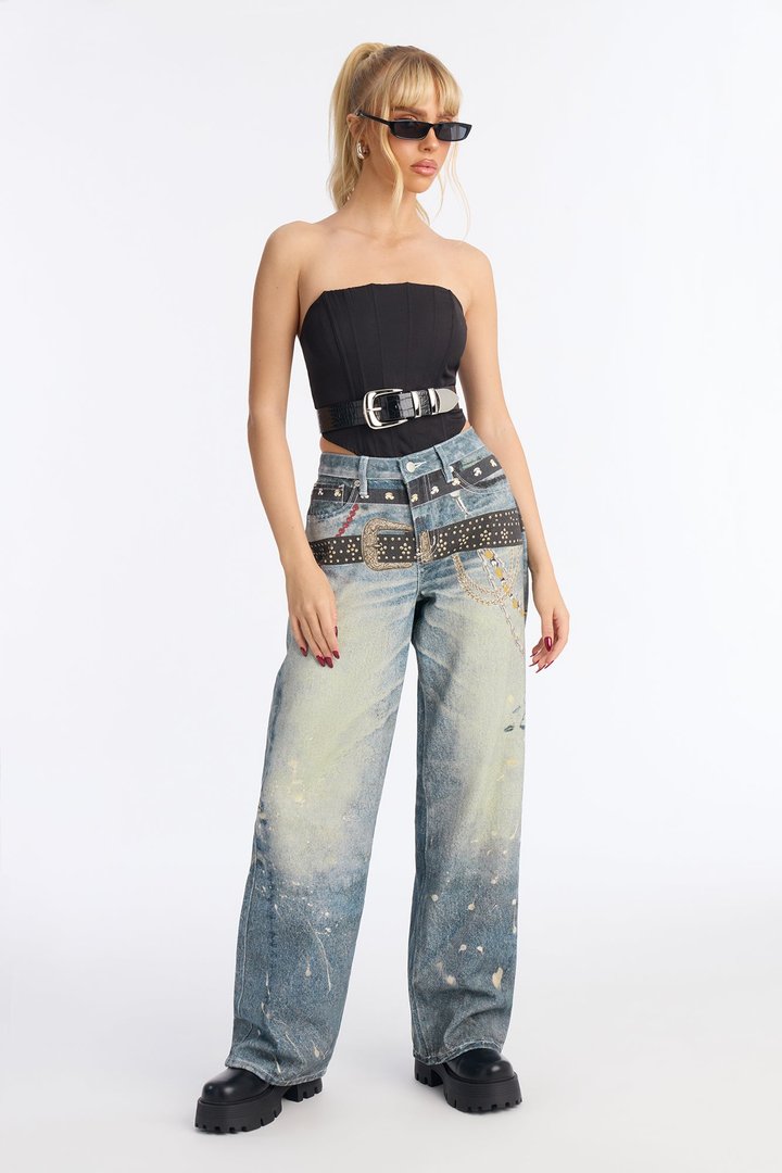 Linked Up Printed Wide Leg Jeans - Medium Wash