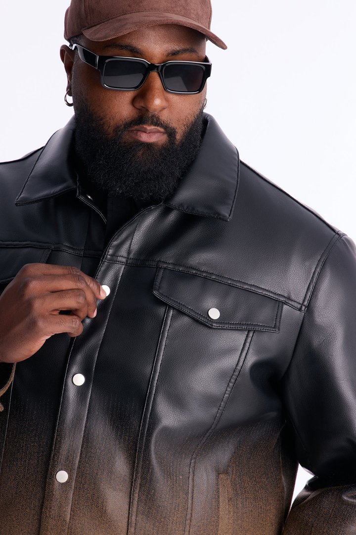 Ombre Faux Leather Trucker Jacket - Brown/combo