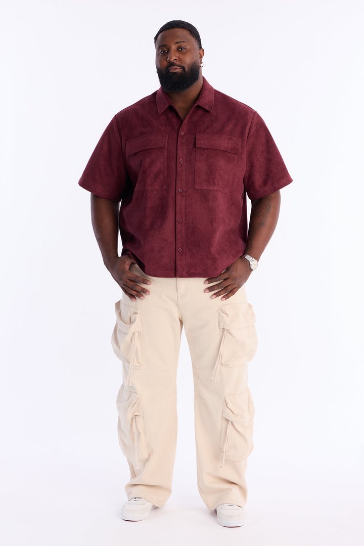 Relaxed Brushed Double Pocket Button Up Shirt - Burgundy