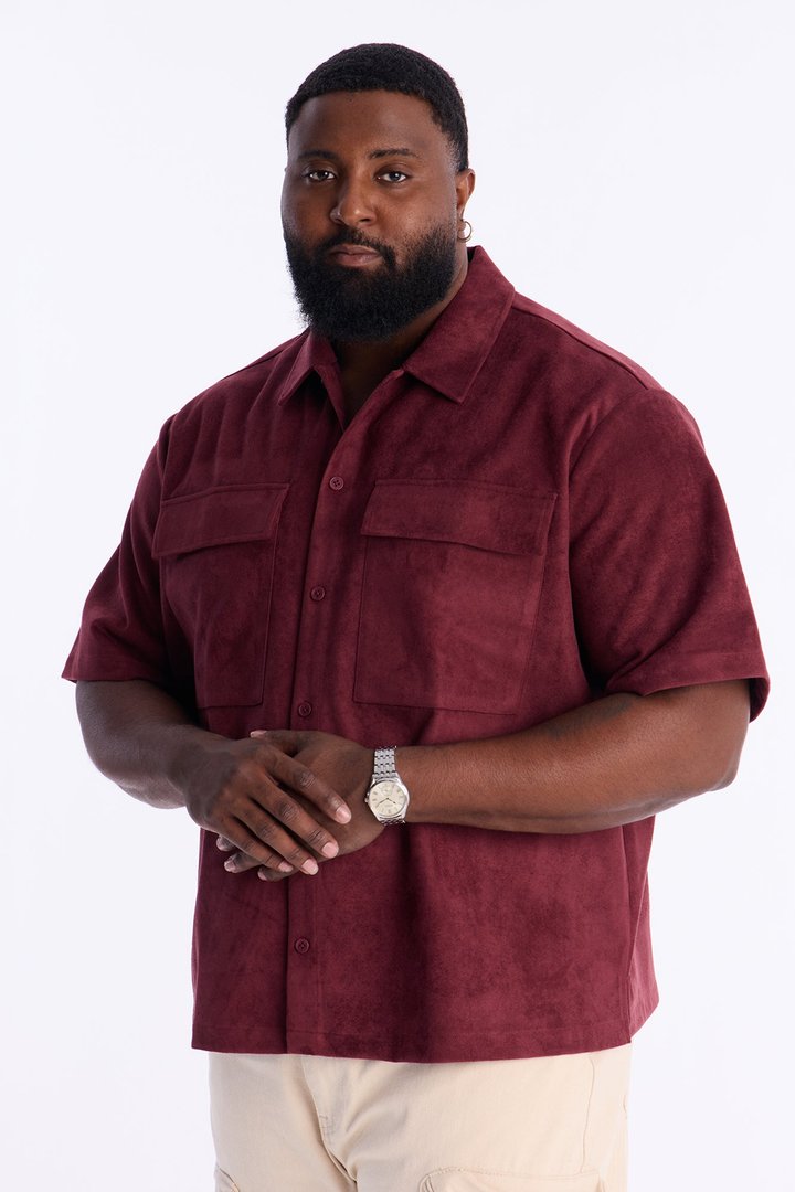 Relaxed Brushed Double Pocket Button Up Shirt - Burgundy