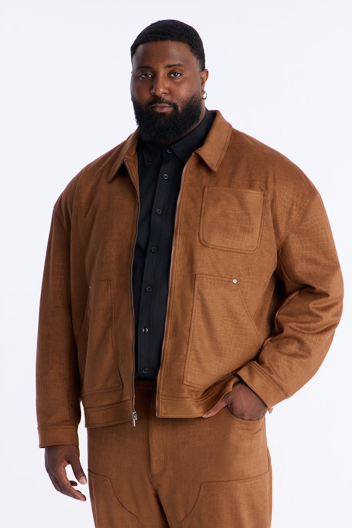 Matte Croc Faux Leather Jacket - Brown