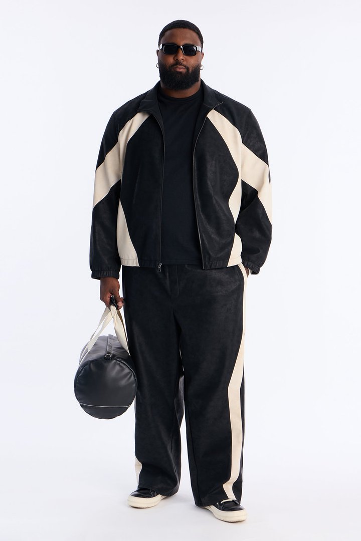 Baggy Faux Leather Maze Paneled Track Pant - Black