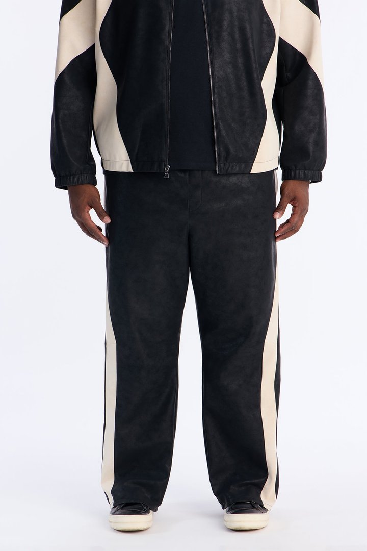 Baggy Faux Leather Maze Paneled Track Pant - Black