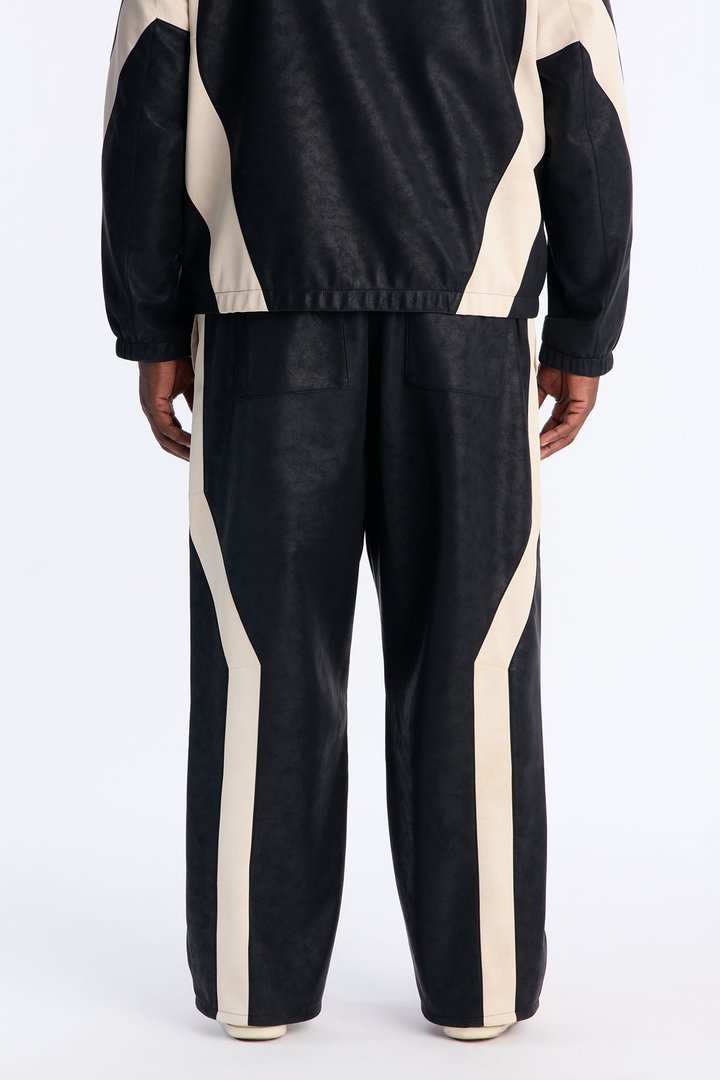 Baggy Faux Leather Maze Paneled Track Pant - Black