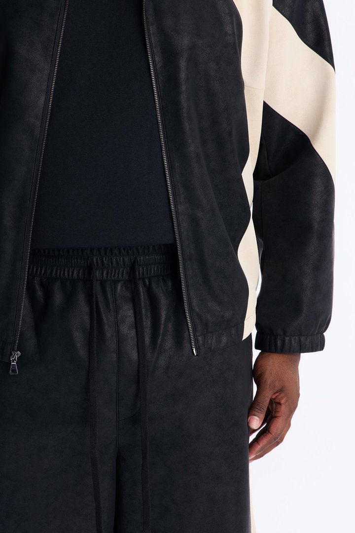 Baggy Faux Leather Maze Paneled Track Pant - Black
