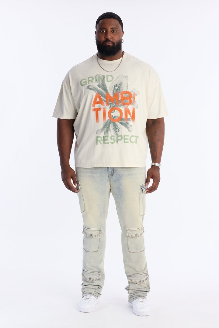 Stacked Skinny Flare Lockdown Button Cargo Jean - Light Wash