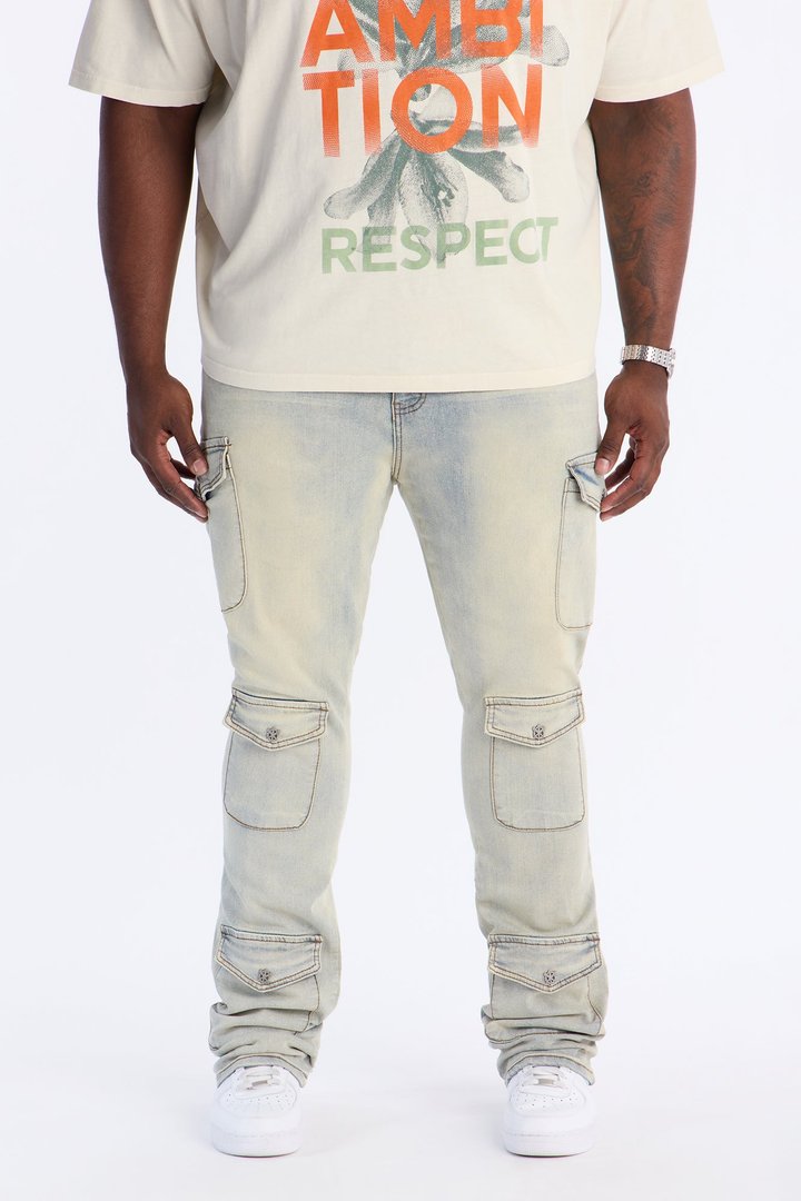 Stacked Skinny Flare Lockdown Button Cargo Jean - Light Wash