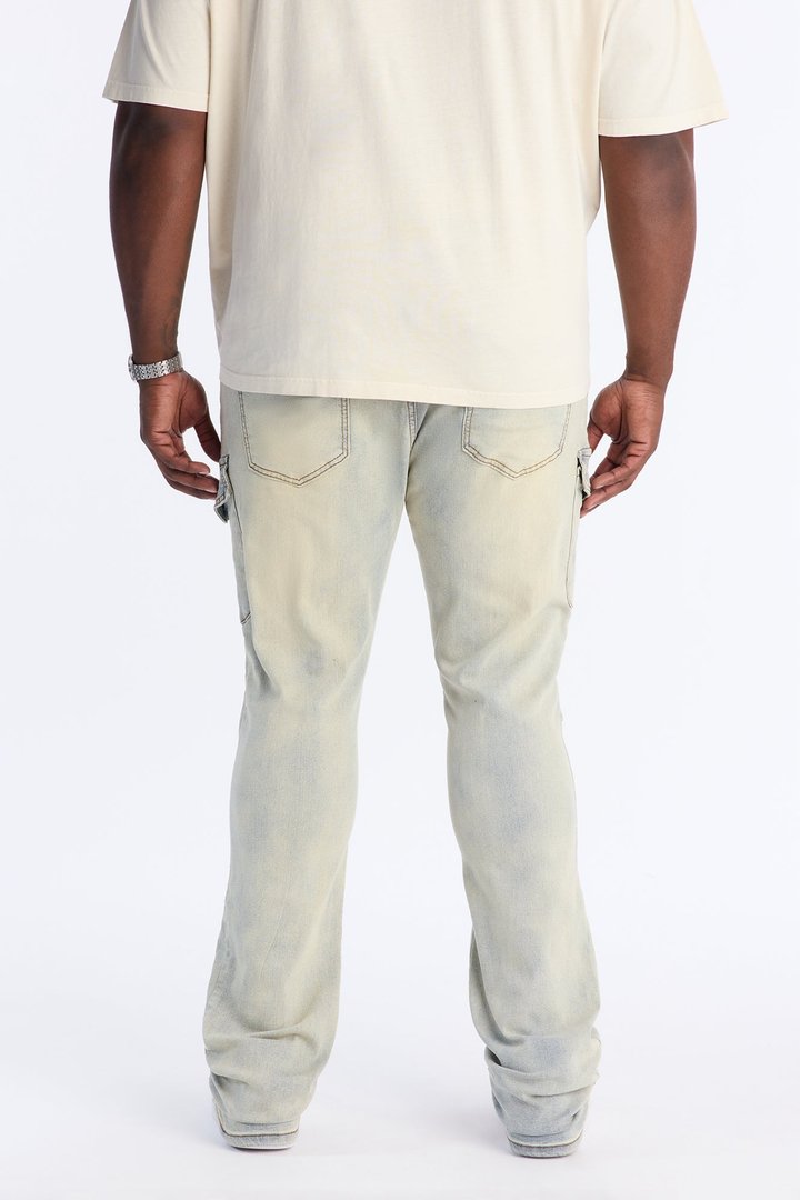 Stacked Skinny Flare Lockdown Button Cargo Jean - Light Wash