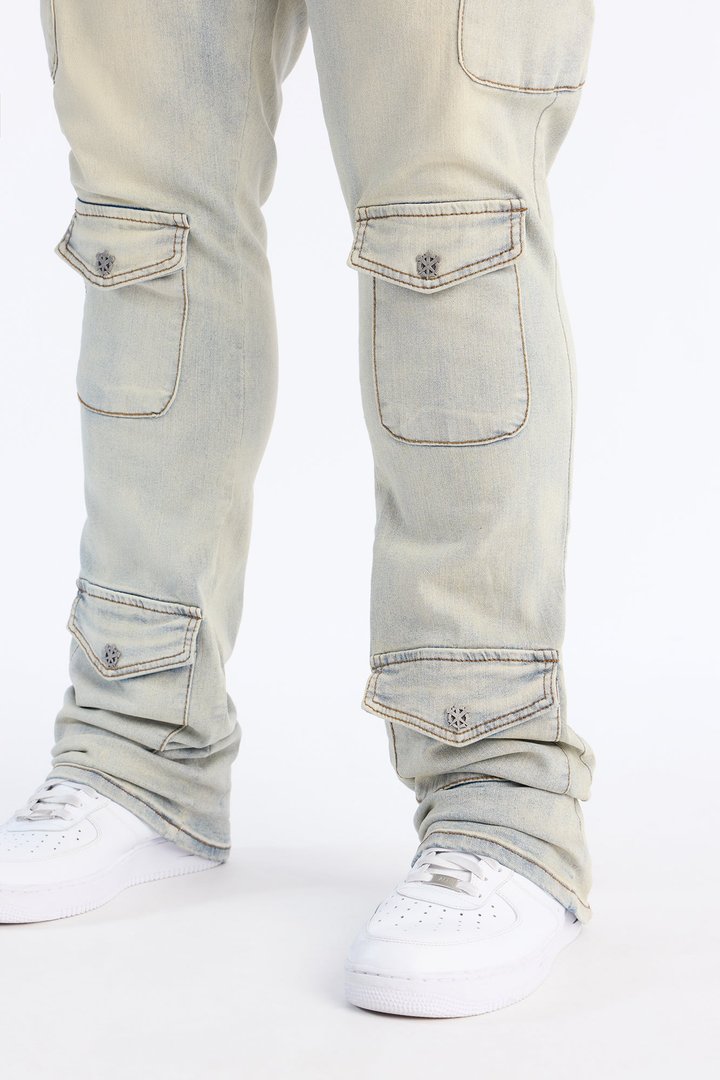 Stacked Skinny Flare Lockdown Button Cargo Jean - Light Wash