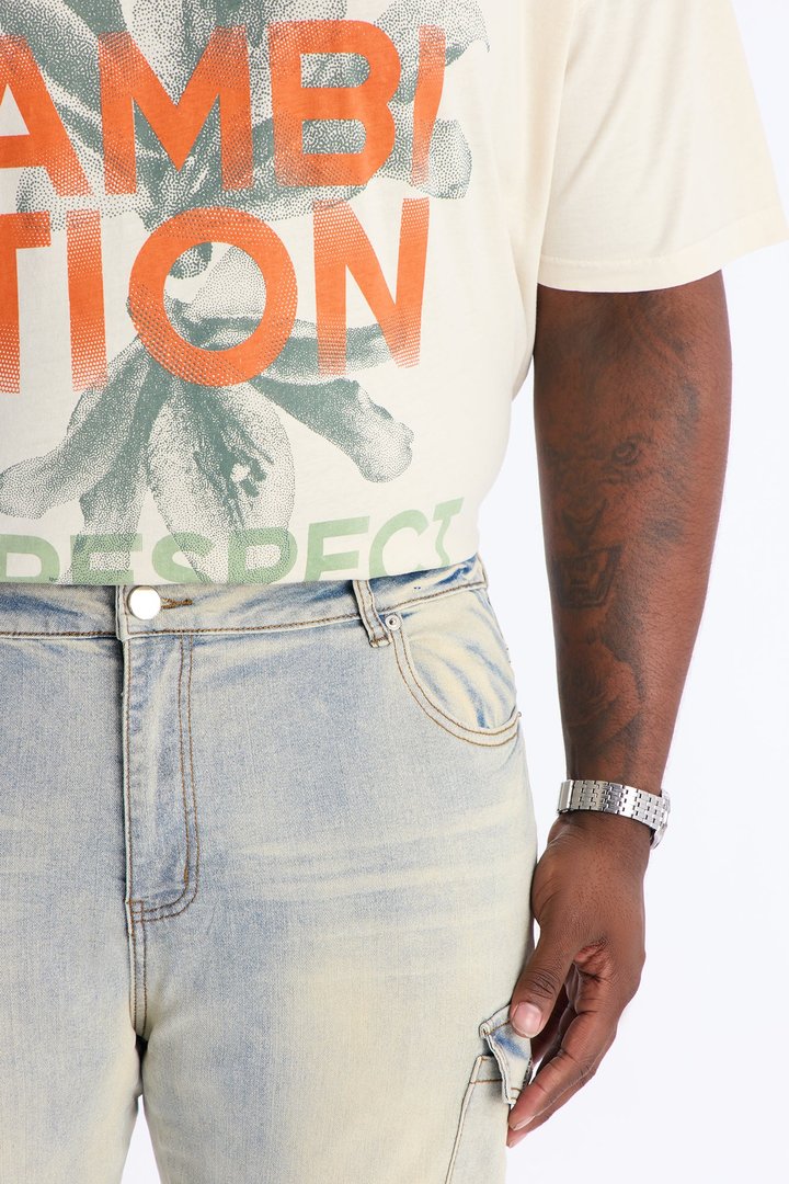 Stacked Skinny Flare Lockdown Button Cargo Jean - Light Wash