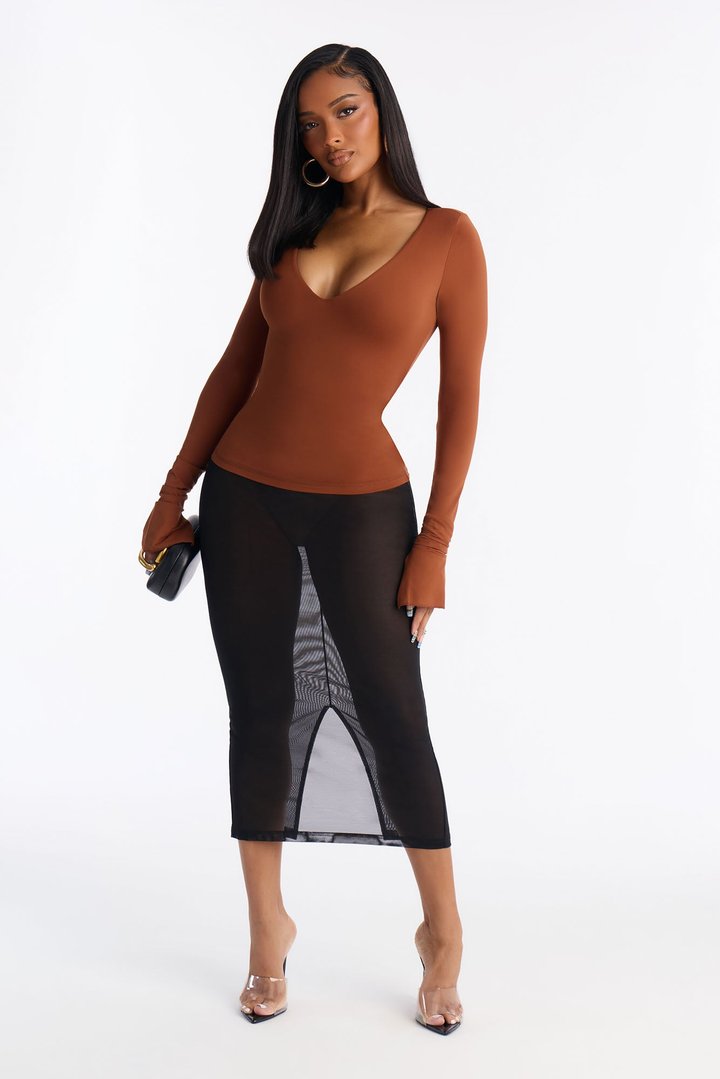 Second Skin Deep U Neck Long Sleeve Top - Mocha