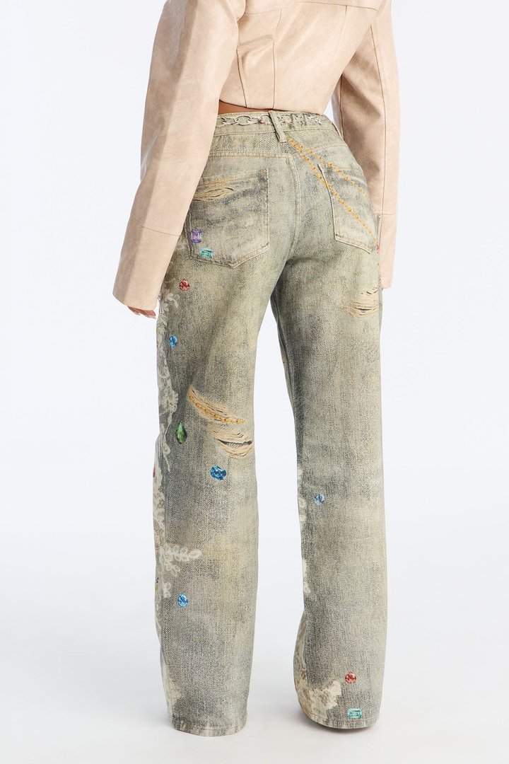 Fancy Pearls Printed Jeans - Multi Color
