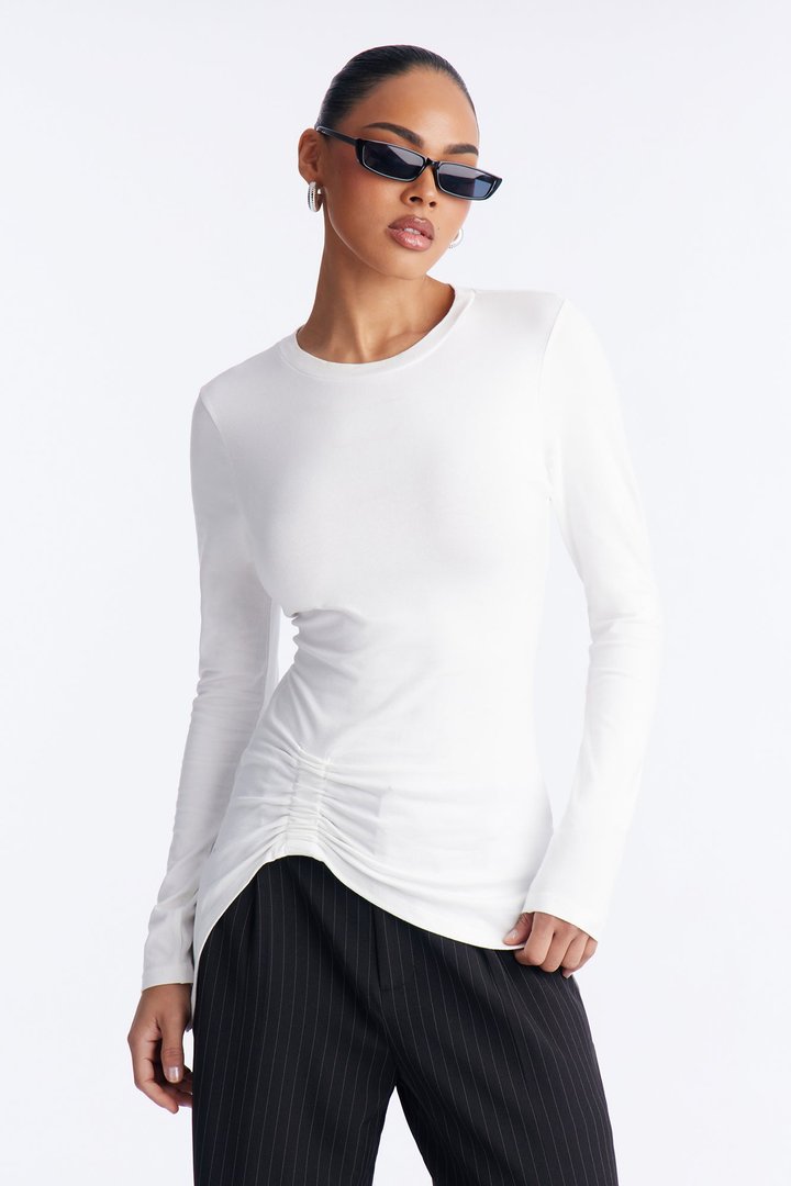 Soft Allure Ruched Asymmetrical Long Sleeve Top - White